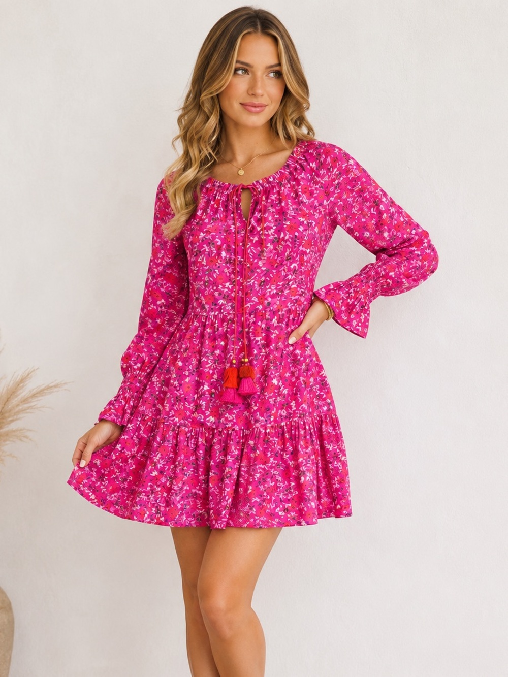 Figue Bella Short Dress Small Pink Floral Tiered Boho Tassel Mini Retail $395